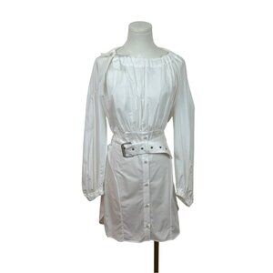 Rachel Comey White Long-Sleeve Belted Shirt Dress w Tie Neck & Button Front Sz 6